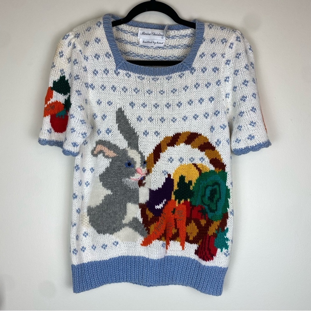 Vintage 80s Marisa Christina Hand Knit Novelty Print Bunny Rabbit Easter Sweater